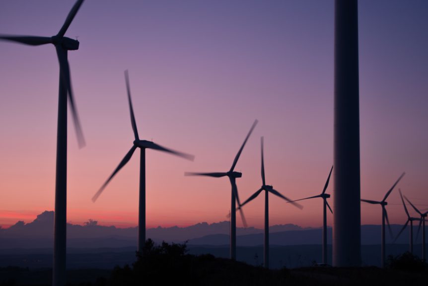 A windfarm at dusk